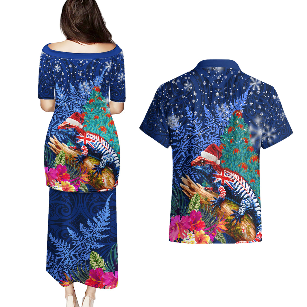 New Zealand Tuatara Christmas Couples Matching Puletasi and Hawaiian Shirt Silver Fern and Xmas Pohutukawa Tree Blue Color