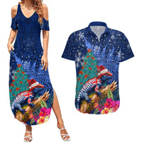 New Zealand Tuatara Christmas Couples Matching Summer Maxi Dress and Hawaiian Shirt Silver Fern and Xmas Pohutukawa Tree Blue Color