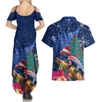 New Zealand Tuatara Christmas Couples Matching Summer Maxi Dress and Hawaiian Shirt Silver Fern and Xmas Pohutukawa Tree Blue Color