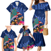New Zealand Tuatara Christmas Family Matching Mermaid Dress and Hawaiian Shirt Silver Fern and Xmas Pohutukawa Tree Blue Color
