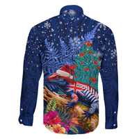 New Zealand Tuatara Christmas Family Matching Mermaid Dress and Hawaiian Shirt Silver Fern and Xmas Pohutukawa Tree Blue Color