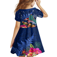 New Zealand Tuatara Christmas Family Matching Off The Shoulder Long Sleeve Dress and Hawaiian Shirt Silver Fern and Xmas Pohutukawa Tree Blue Color