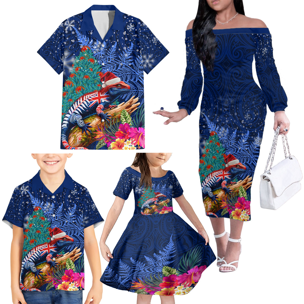 New Zealand Tuatara Christmas Family Matching Off The Shoulder Long Sleeve Dress and Hawaiian Shirt Silver Fern and Xmas Pohutukawa Tree Blue Color LT03 - Polynesian Pride