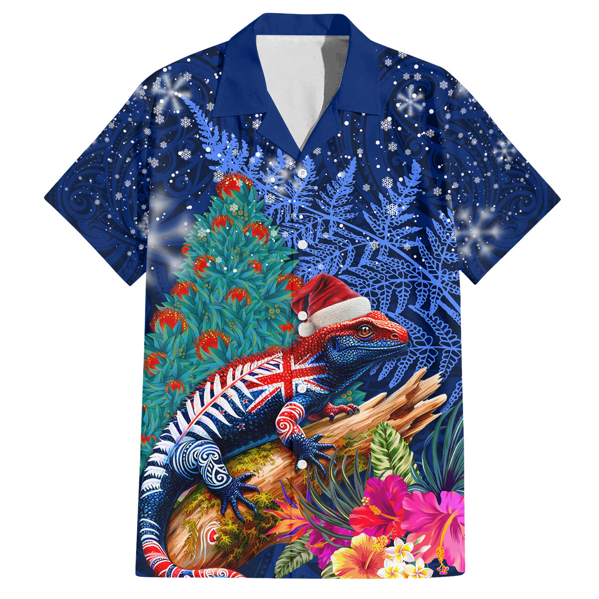 New Zealand Tuatara Christmas Family Matching Off Shoulder Short Dress and Hawaiian Shirt Silver Fern and Xmas Pohutukawa Tree Blue Color