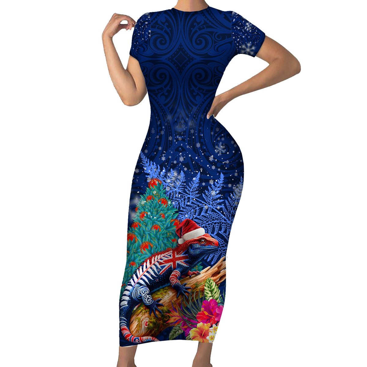 New Zealand Tuatara Christmas Family Matching Short Sleeve Bodycon Dress and Hawaiian Shirt Silver Fern and Xmas Pohutukawa Tree Blue Color