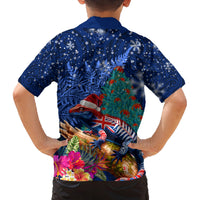 New Zealand Tuatara Christmas Family Matching Tank Maxi Dress and Hawaiian Shirt Silver Fern and Xmas Pohutukawa Tree Blue Color