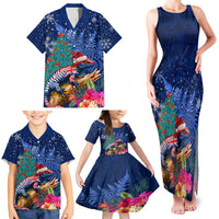 New Zealand Tuatara Christmas Family Matching Tank Maxi Dress and Hawaiian Shirt Silver Fern and Xmas Pohutukawa Tree Blue Color