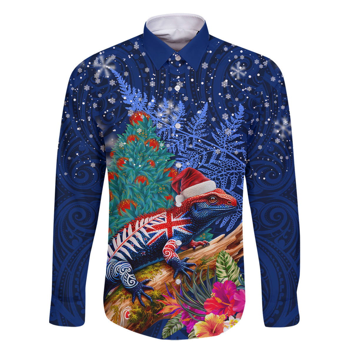 New Zealand Tuatara Christmas Family Matching Tank Maxi Dress and Hawaiian Shirt Silver Fern and Xmas Pohutukawa Tree Blue Color