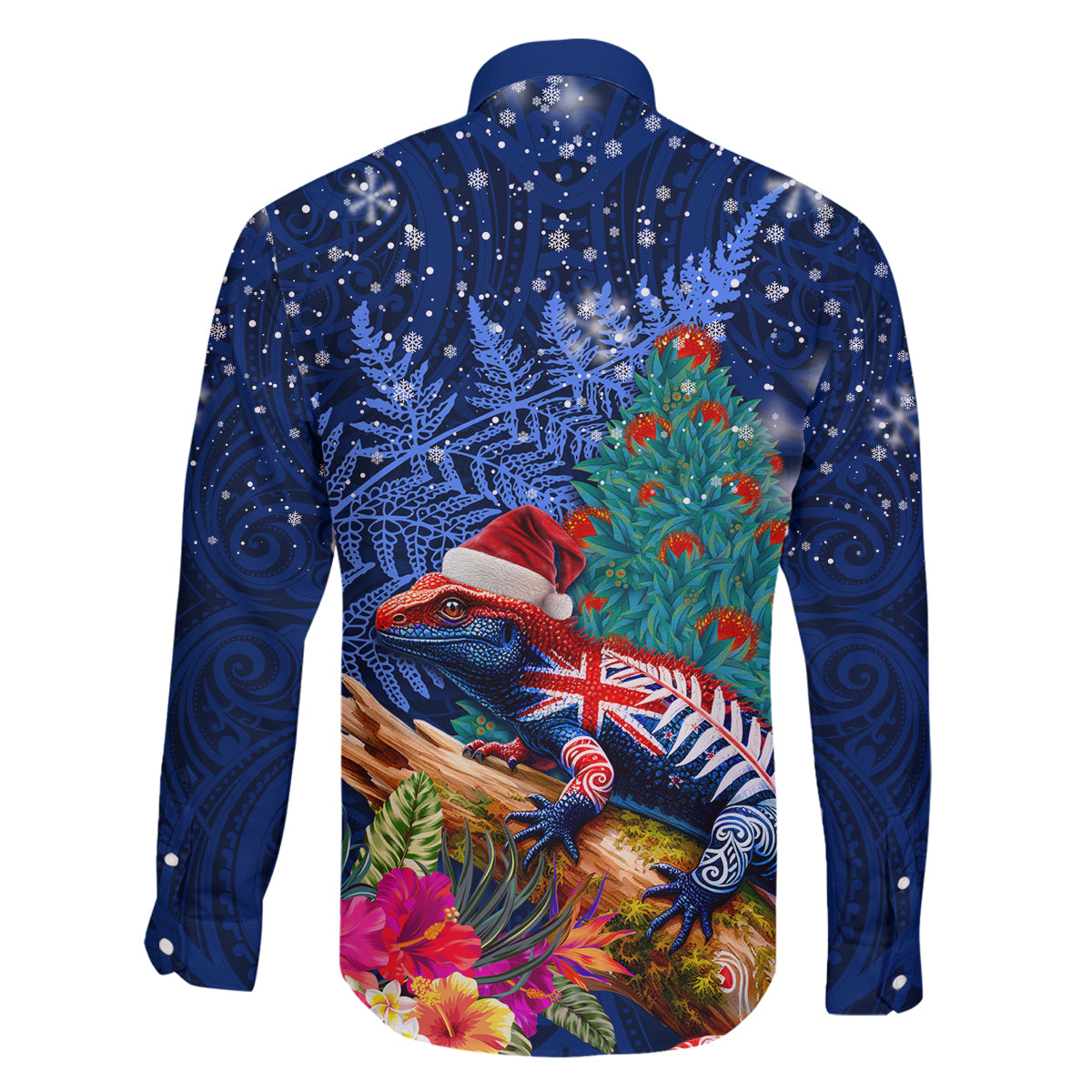 New Zealand Tuatara Christmas Family Matching Tank Maxi Dress and Hawaiian Shirt Silver Fern and Xmas Pohutukawa Tree Blue Color