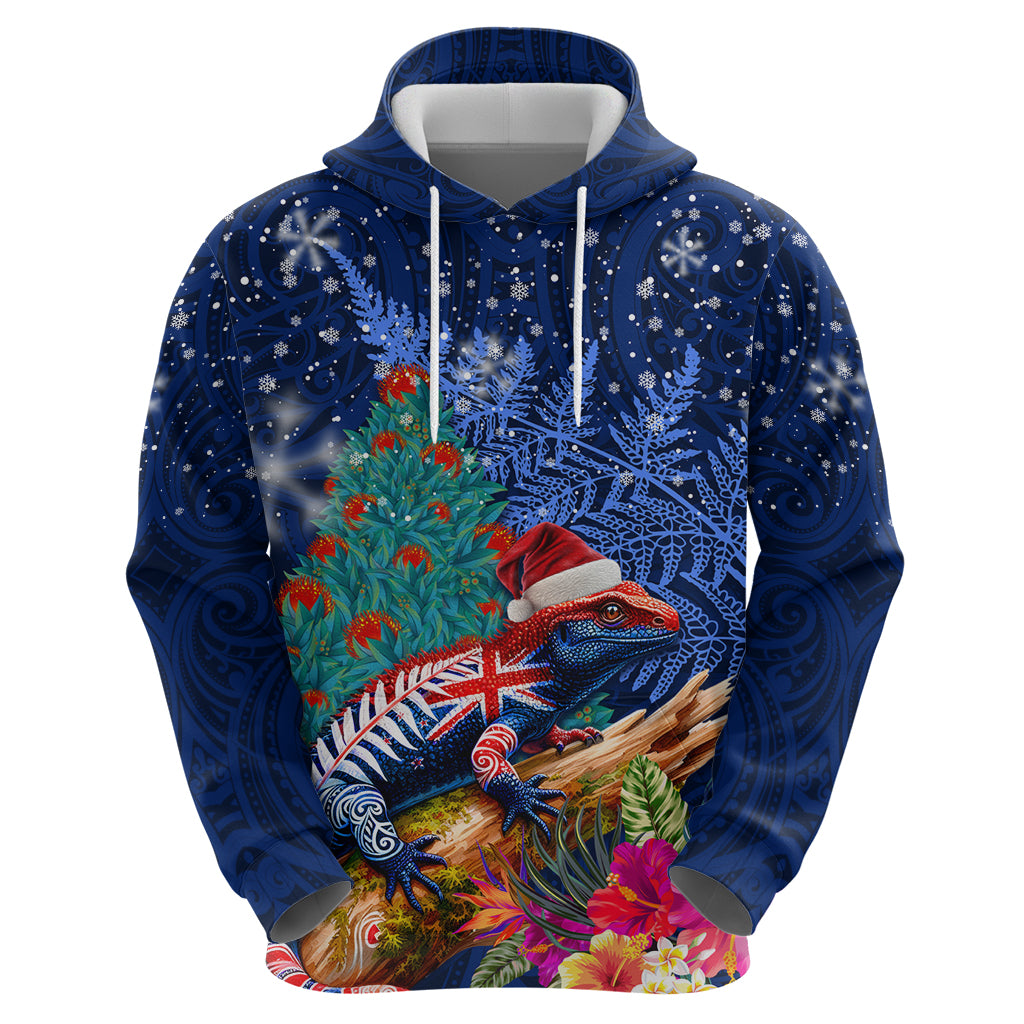 New Zealand Tuatara Christmas Hoodie Silver Fern and Xmas Pohutukawa Tree Blue Color