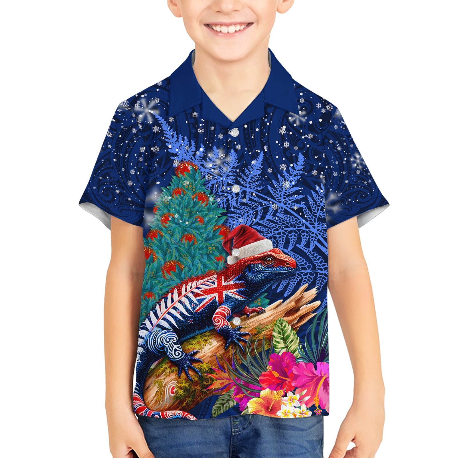 New Zealand Tuatara Christmas Kid Hawaiian Shirt Silver Fern and Xmas Pohutukawa Tree Blue Color LT03 Kid Blue - Polynesian Pride