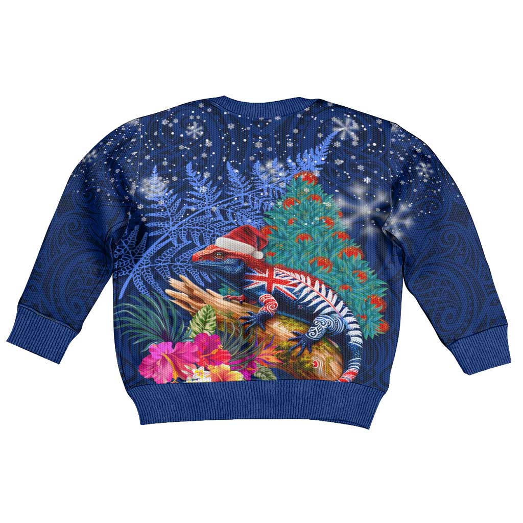New Zealand Tuatara Christmas Kid Ugly Christmas Sweater Silver Fern and Xmas Pohutukawa Tree Blue Color