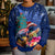 New Zealand Tuatara Christmas Kid Ugly Christmas Sweater Silver Fern and Xmas Pohutukawa Tree Blue Color