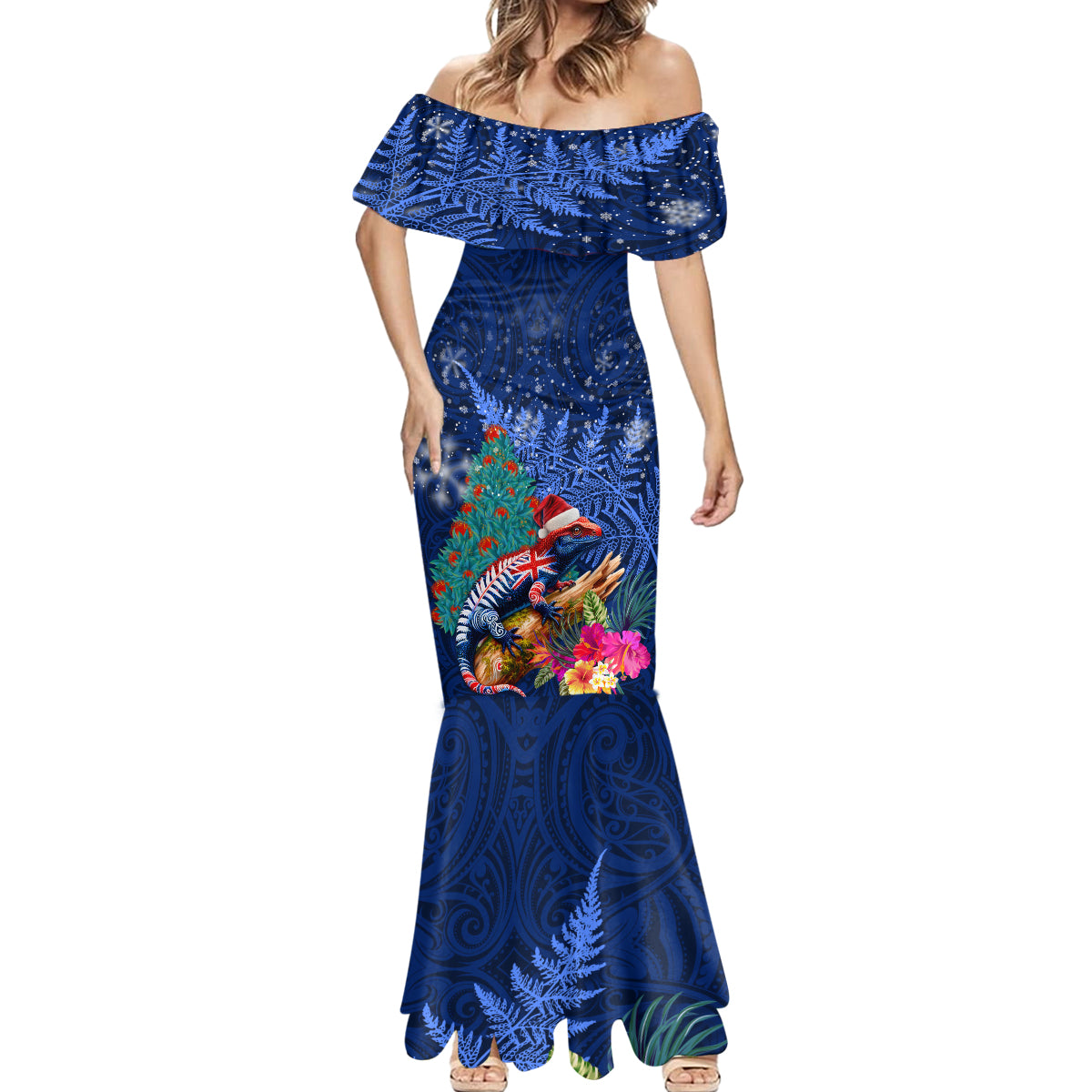 New Zealand Tuatara Christmas Mermaid Dress Silver Fern and Xmas Pohutukawa Tree Blue Color