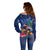 New Zealand Tuatara Christmas Off Shoulder Sweater Silver Fern and Xmas Pohutukawa Tree Blue Color