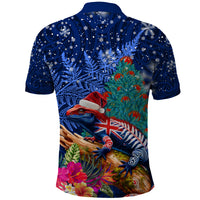 New Zealand Tuatara Christmas Polo Shirt Silver Fern and Xmas Pohutukawa Tree Blue Color