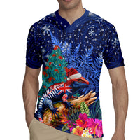 New Zealand Tuatara Christmas Rugby Jersey Silver Fern and Xmas Pohutukawa Tree Blue Color