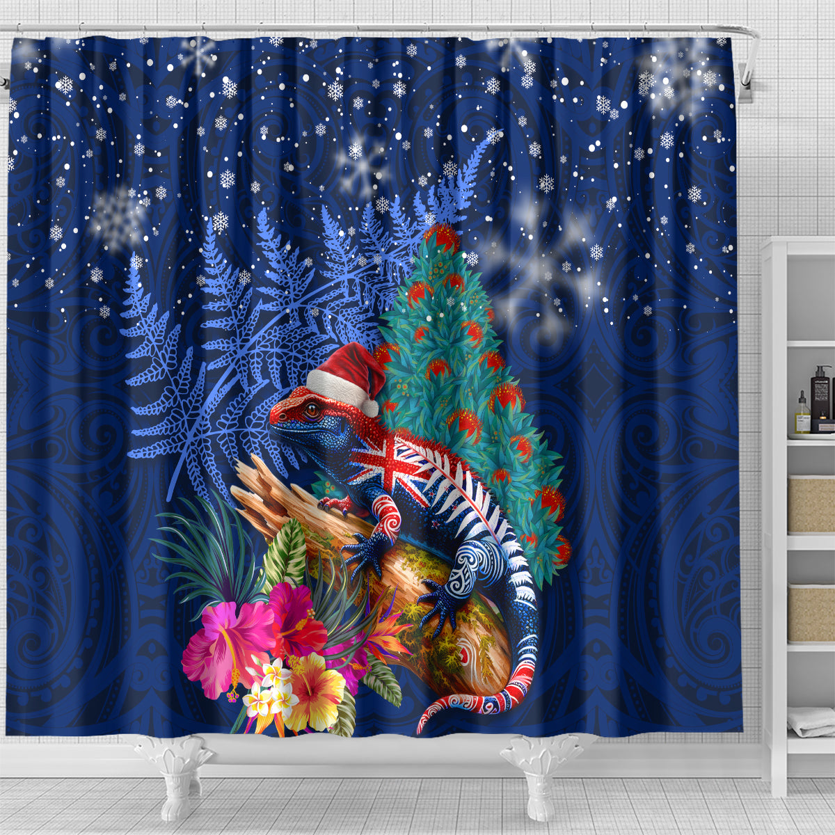 New Zealand Tuatara Christmas Shower Curtain Silver Fern and Xmas Pohutukawa Tree Blue Color