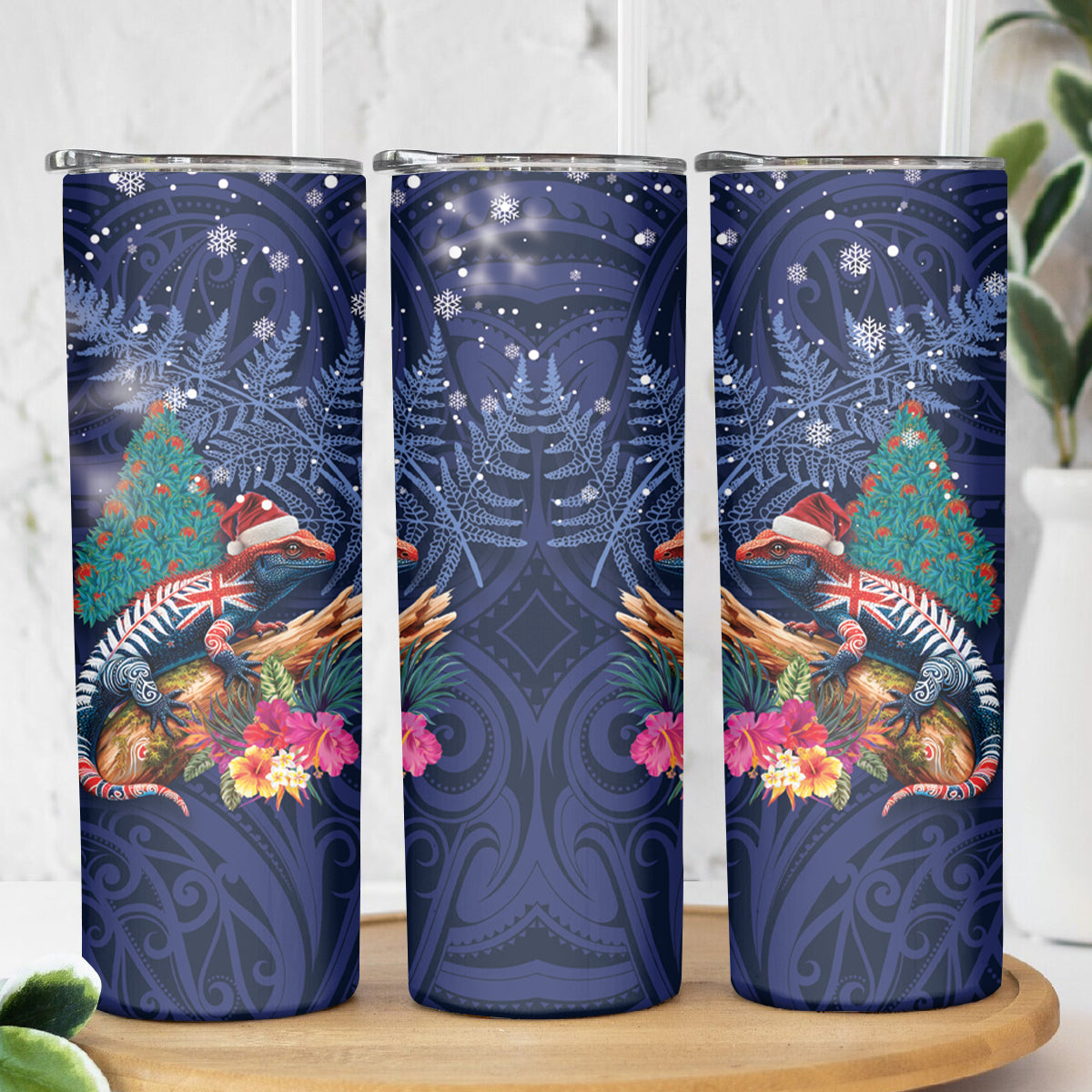 New Zealand Tuatara Christmas Skinny Tumbler Silver Fern and Xmas Pohutukawa Tree Blue Color