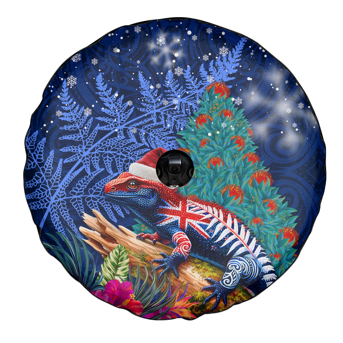 New Zealand Tuatara Christmas Spare Tire Cover Silver Fern and Xmas Pohutukawa Tree Blue Color