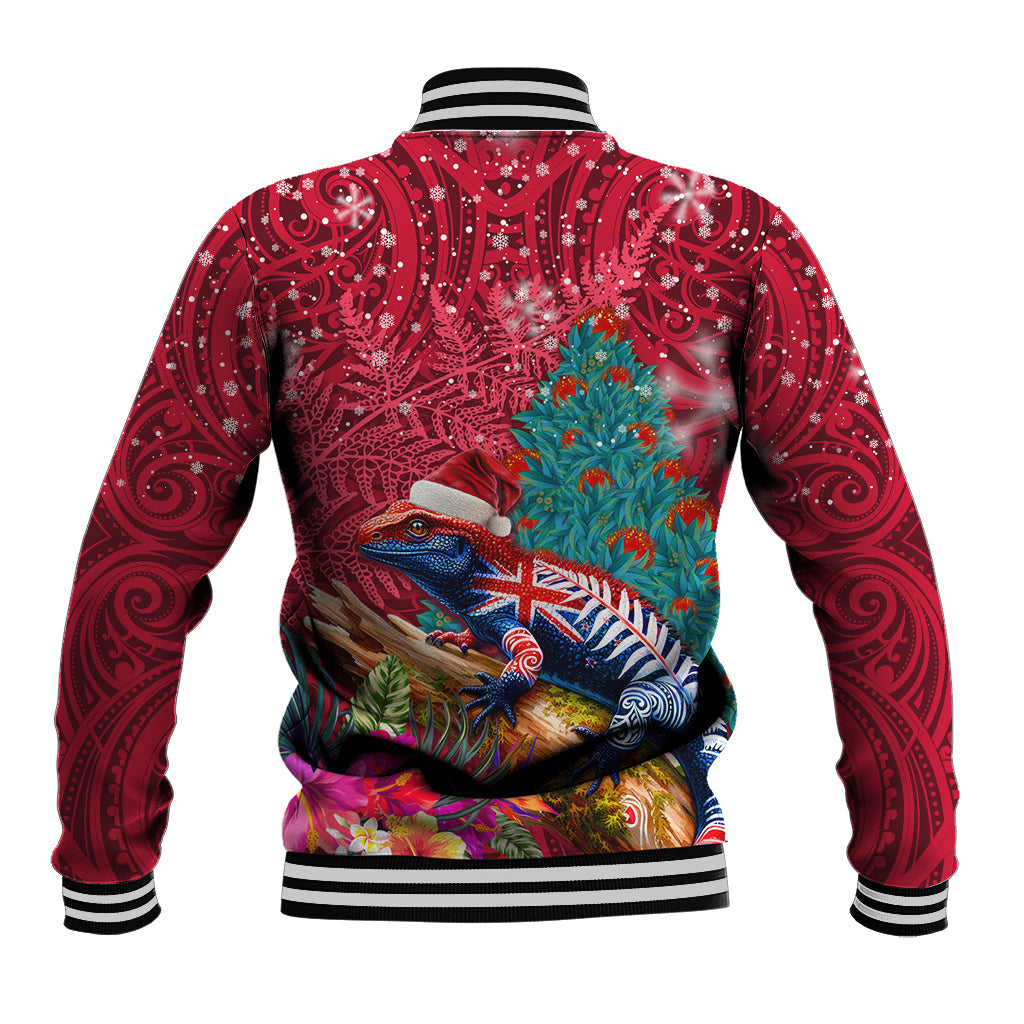 New Zealand Tuatara Christmas Baseball Jacket Silver Fern and Xmas Pohutukawa Tree Red Color