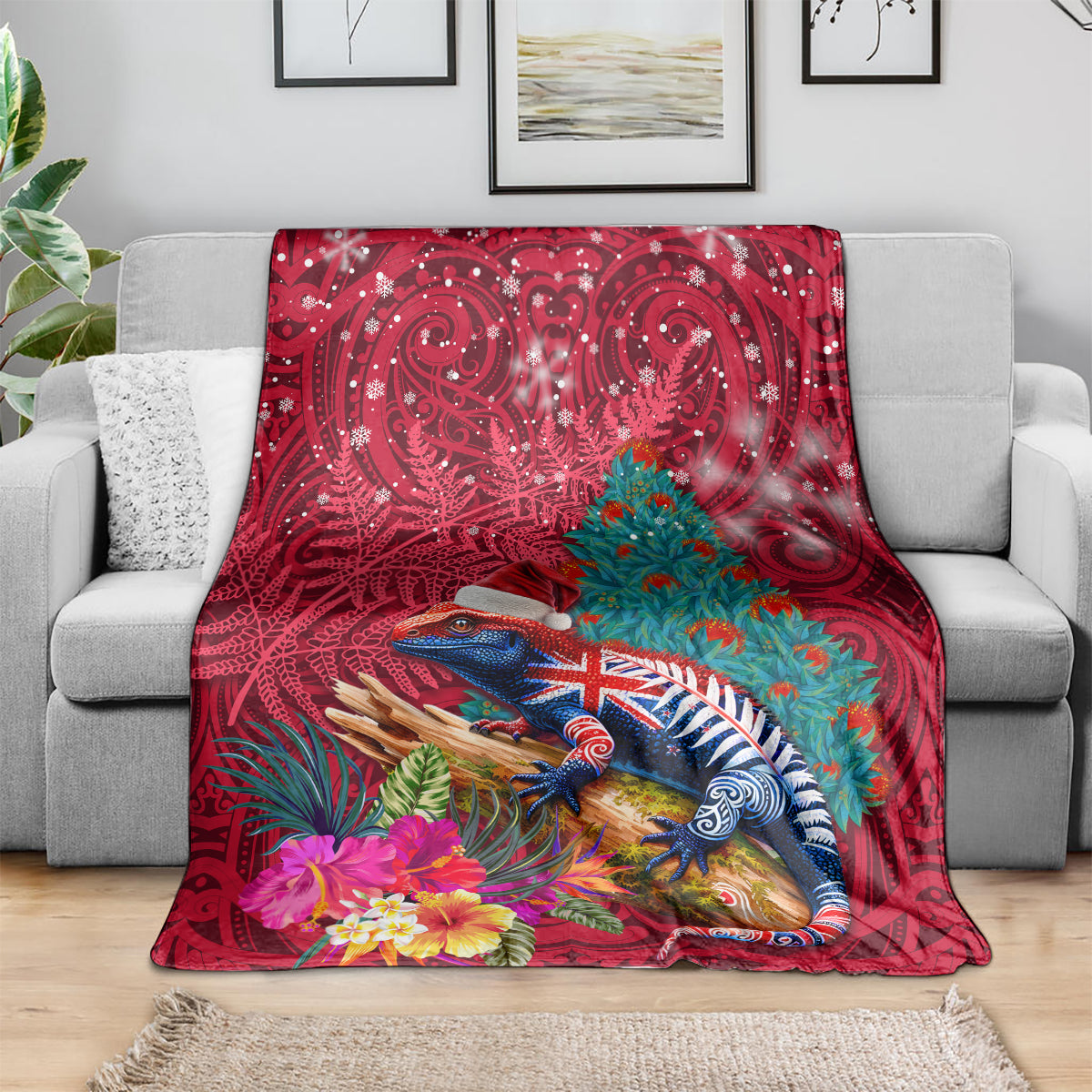 New Zealand Tuatara Christmas Blanket Silver Fern and Xmas Pohutukawa Tree Red Color