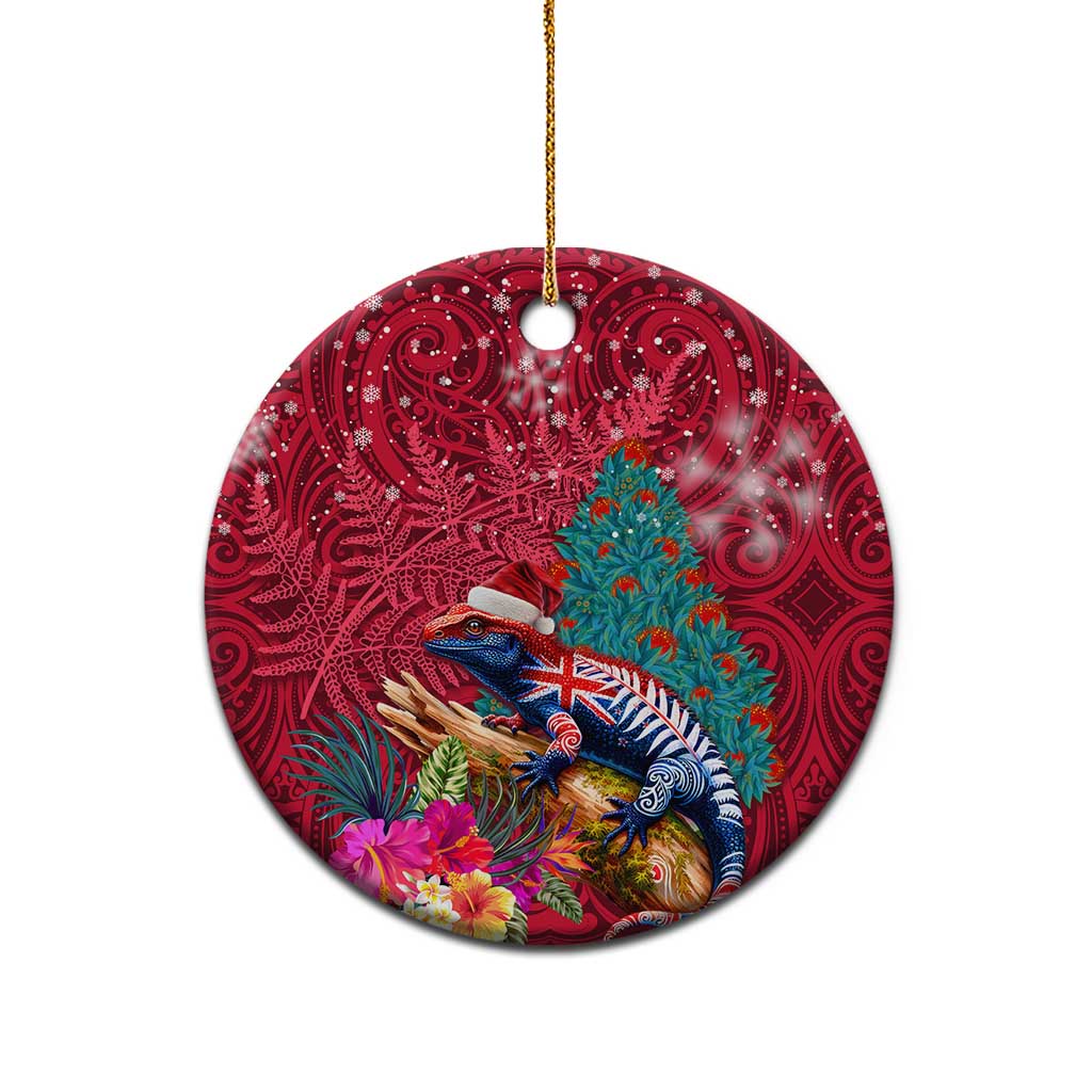 New Zealand Tuatara Christmas Ceramic Ornament Silver Fern and Xmas Pohutukawa Tree Red Color