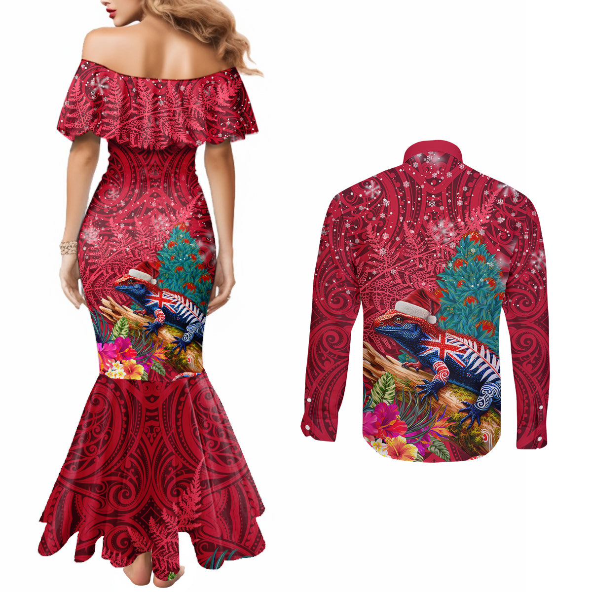 New Zealand Tuatara Christmas Couples Matching Mermaid Dress and Long Sleeve Button Shirt Silver Fern and Xmas Pohutukawa Tree Red Color