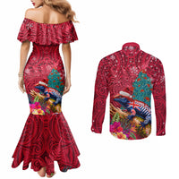 New Zealand Tuatara Christmas Couples Matching Mermaid Dress and Long Sleeve Button Shirt Silver Fern and Xmas Pohutukawa Tree Red Color
