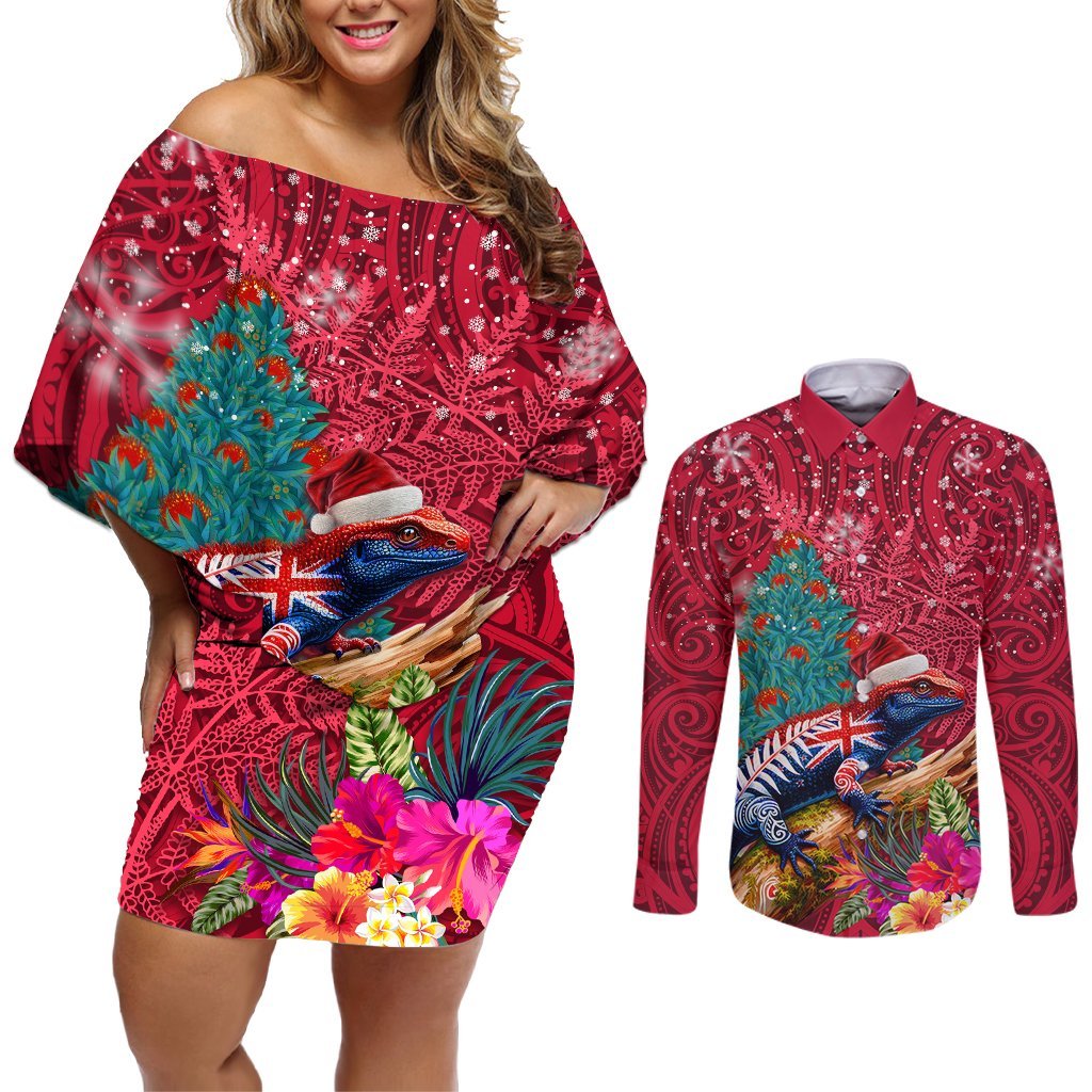 New Zealand Tuatara Christmas Couples Matching Off Shoulder Short Dress and Long Sleeve Button Shirt Silver Fern and Xmas Pohutukawa Tree Red Color LT03 Red - Polynesian Pride