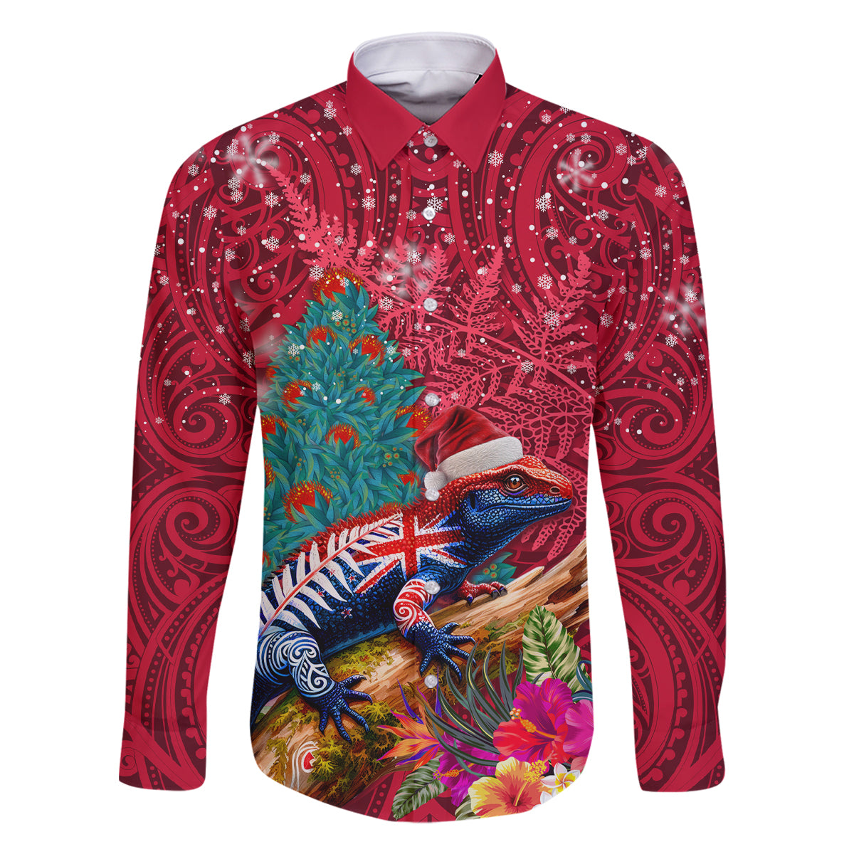 New Zealand Tuatara Christmas Family Matching Long Sleeve Bodycon Dress and Hawaiian Shirt Silver Fern and Xmas Pohutukawa Tree Red Color