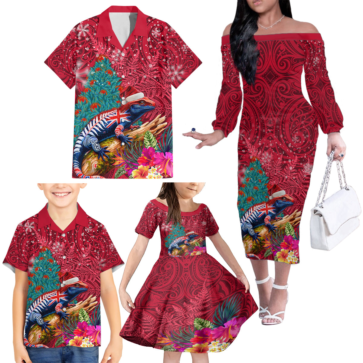 New Zealand Tuatara Christmas Family Matching Off The Shoulder Long Sleeve Dress and Hawaiian Shirt Silver Fern and Xmas Pohutukawa Tree Red Color LT03 - Polynesian Pride