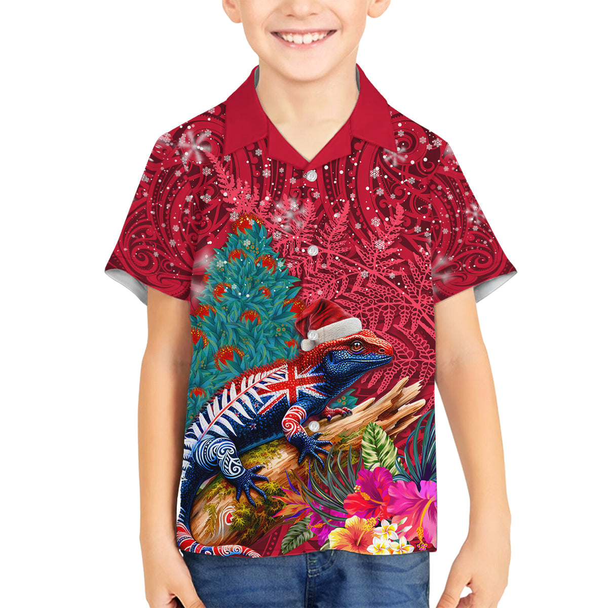 New Zealand Tuatara Christmas Family Matching Off The Shoulder Long Sleeve Dress and Hawaiian Shirt Silver Fern and Xmas Pohutukawa Tree Red Color