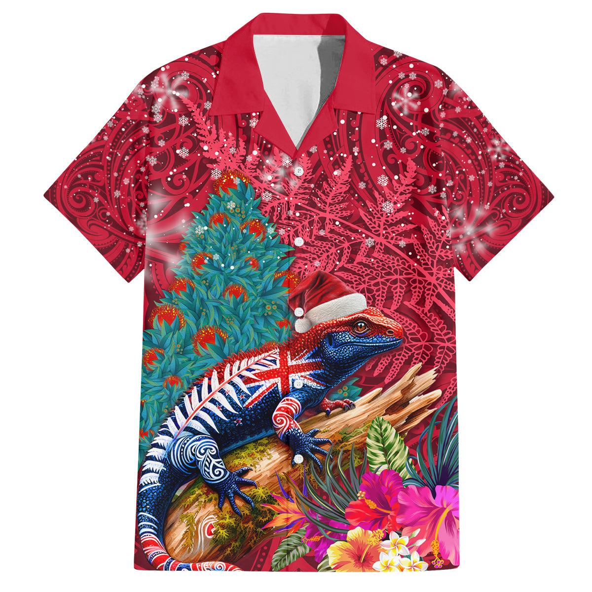 New Zealand Tuatara Christmas Family Matching Off Shoulder Short Dress and Hawaiian Shirt Silver Fern and Xmas Pohutukawa Tree Red Color