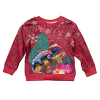 New Zealand Tuatara Christmas Kid Ugly Christmas Sweater Silver Fern and Xmas Pohutukawa Tree Red Color