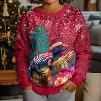 New Zealand Tuatara Christmas Kid Ugly Christmas Sweater Silver Fern and Xmas Pohutukawa Tree Red Color