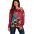 New Zealand Tuatara Christmas Off Shoulder Sweater Silver Fern and Xmas Pohutukawa Tree Red Color