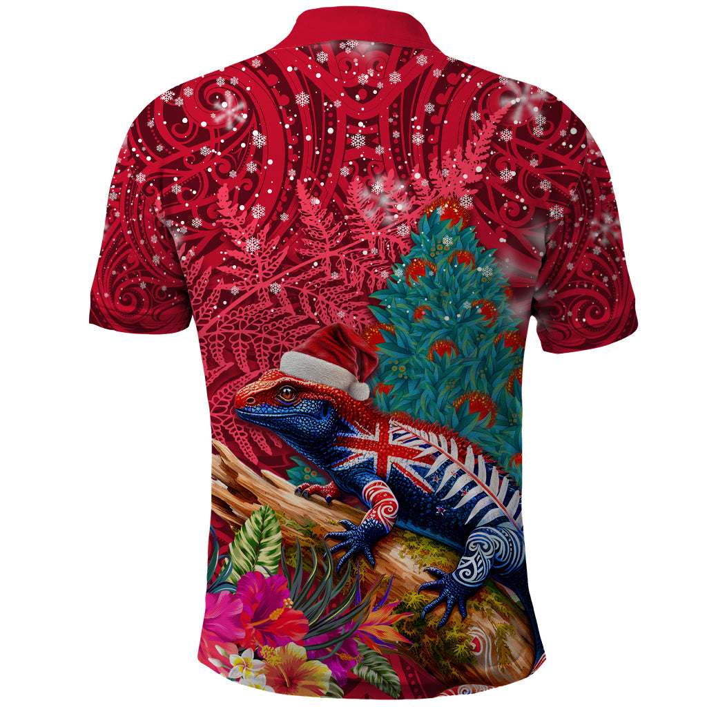 New Zealand Tuatara Christmas Polo Shirt Silver Fern and Xmas Pohutukawa Tree Red Color