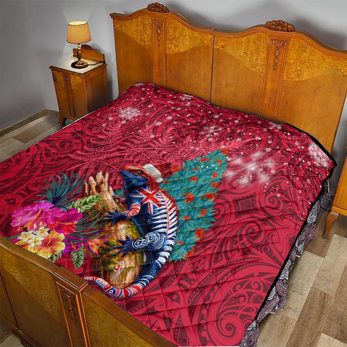 New Zealand Tuatara Christmas Quilt Silver Fern and Xmas Pohutukawa Tree Red Color