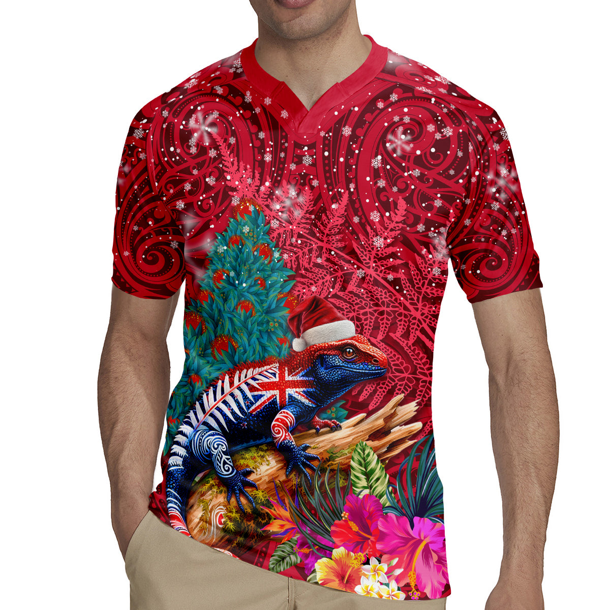 New Zealand Tuatara Christmas Rugby Jersey Silver Fern and Xmas Pohutukawa Tree Red Color