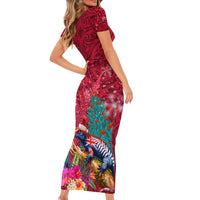 New Zealand Tuatara Christmas Short Sleeve Bodycon Dress Silver Fern and Xmas Pohutukawa Tree Red Color