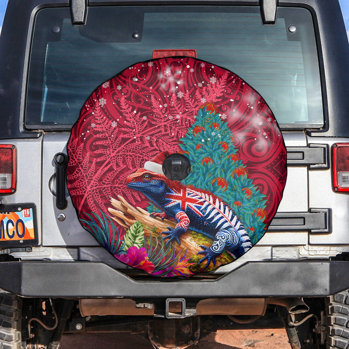 New Zealand Tuatara Christmas Spare Tire Cover Silver Fern and Xmas Pohutukawa Tree Red Color