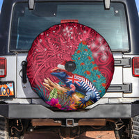 New Zealand Tuatara Christmas Spare Tire Cover Silver Fern and Xmas Pohutukawa Tree Red Color