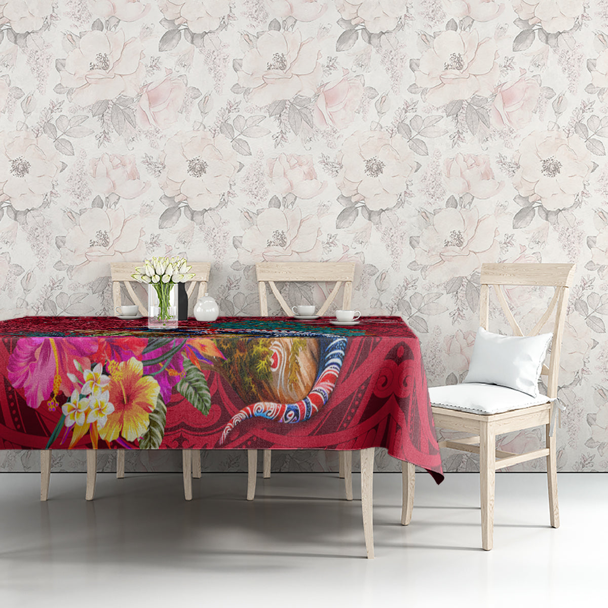 New Zealand Tuatara Christmas Tablecloth Silver Fern and Xmas Pohutukawa Tree Red Color