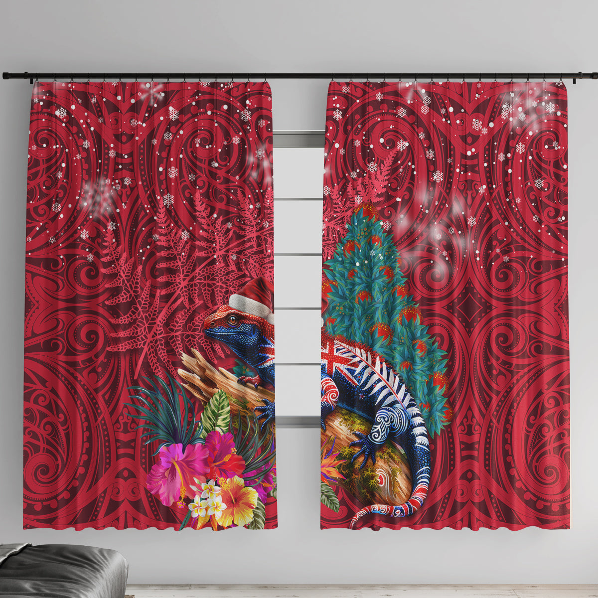 New Zealand Tuatara Christmas Window Curtain Silver Fern and Xmas Pohutukawa Tree Red Color LT03 With Hooks Red - Polynesian Pride