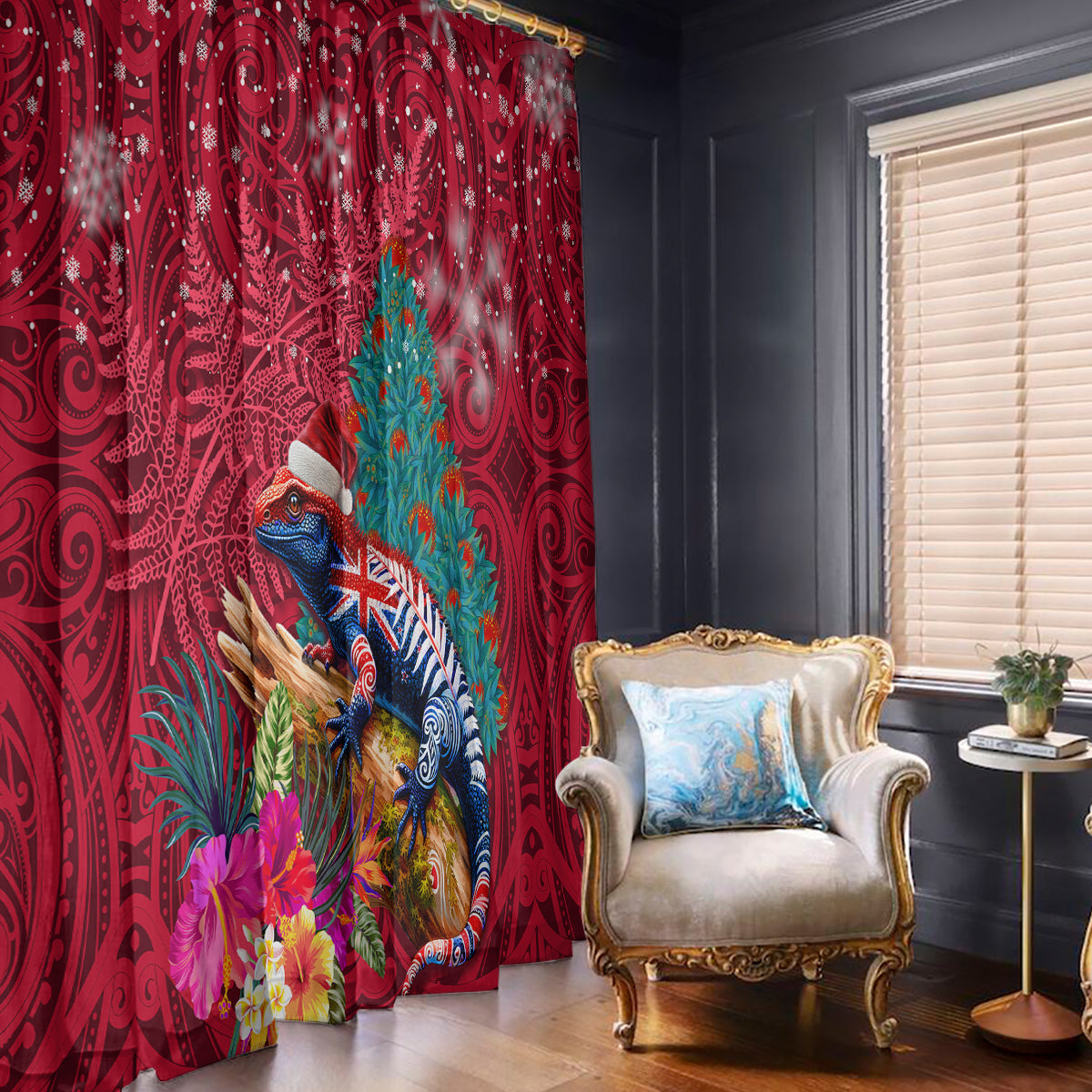 New Zealand Tuatara Christmas Window Curtain Silver Fern and Xmas Pohutukawa Tree Red Color