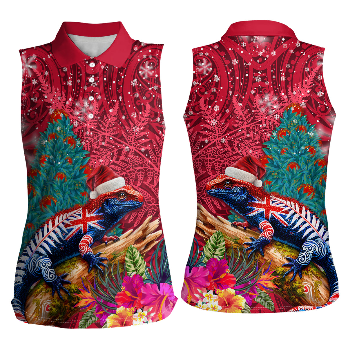New Zealand Tuatara Christmas Women Sleeveless Polo Shirt Silver Fern and Xmas Pohutukawa Tree Red Color
