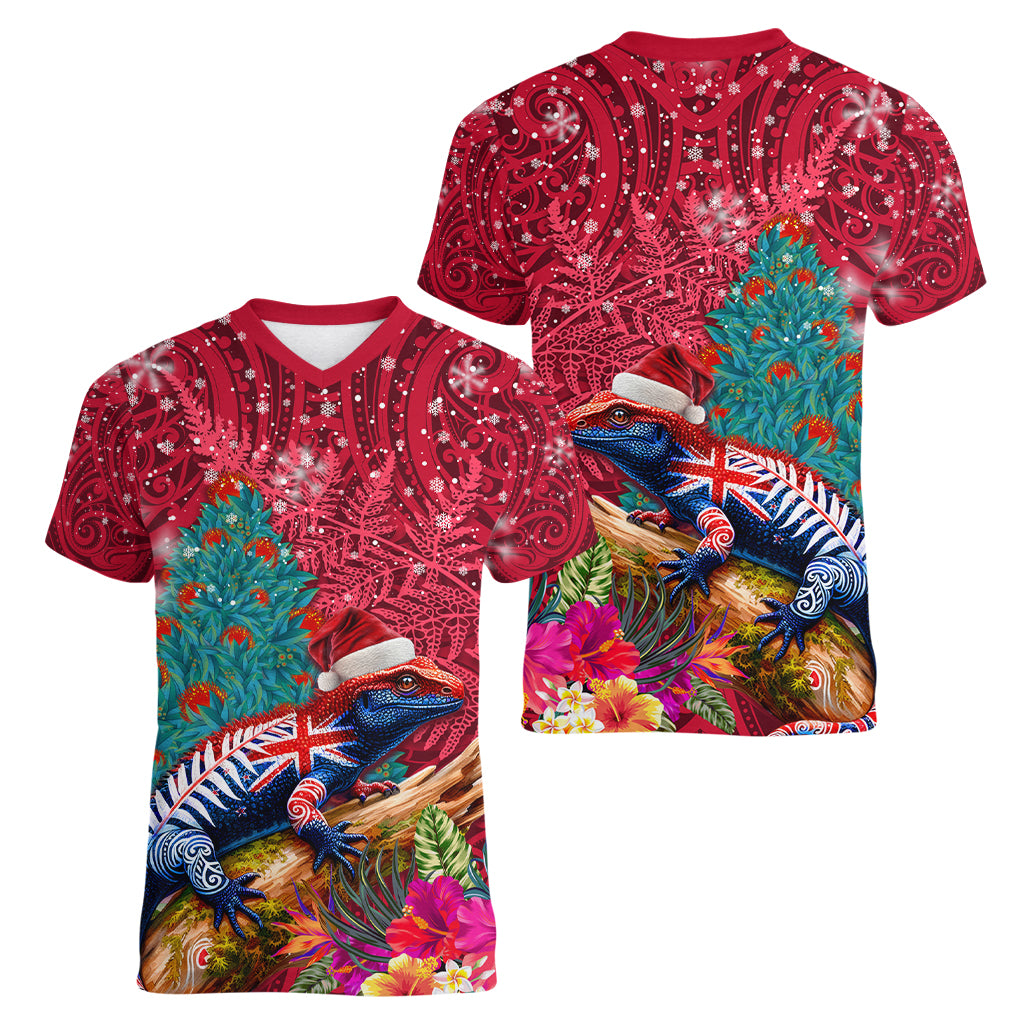 New Zealand Tuatara Christmas Women V-Neck T-Shirt Silver Fern and Xmas Pohutukawa Tree Red Color