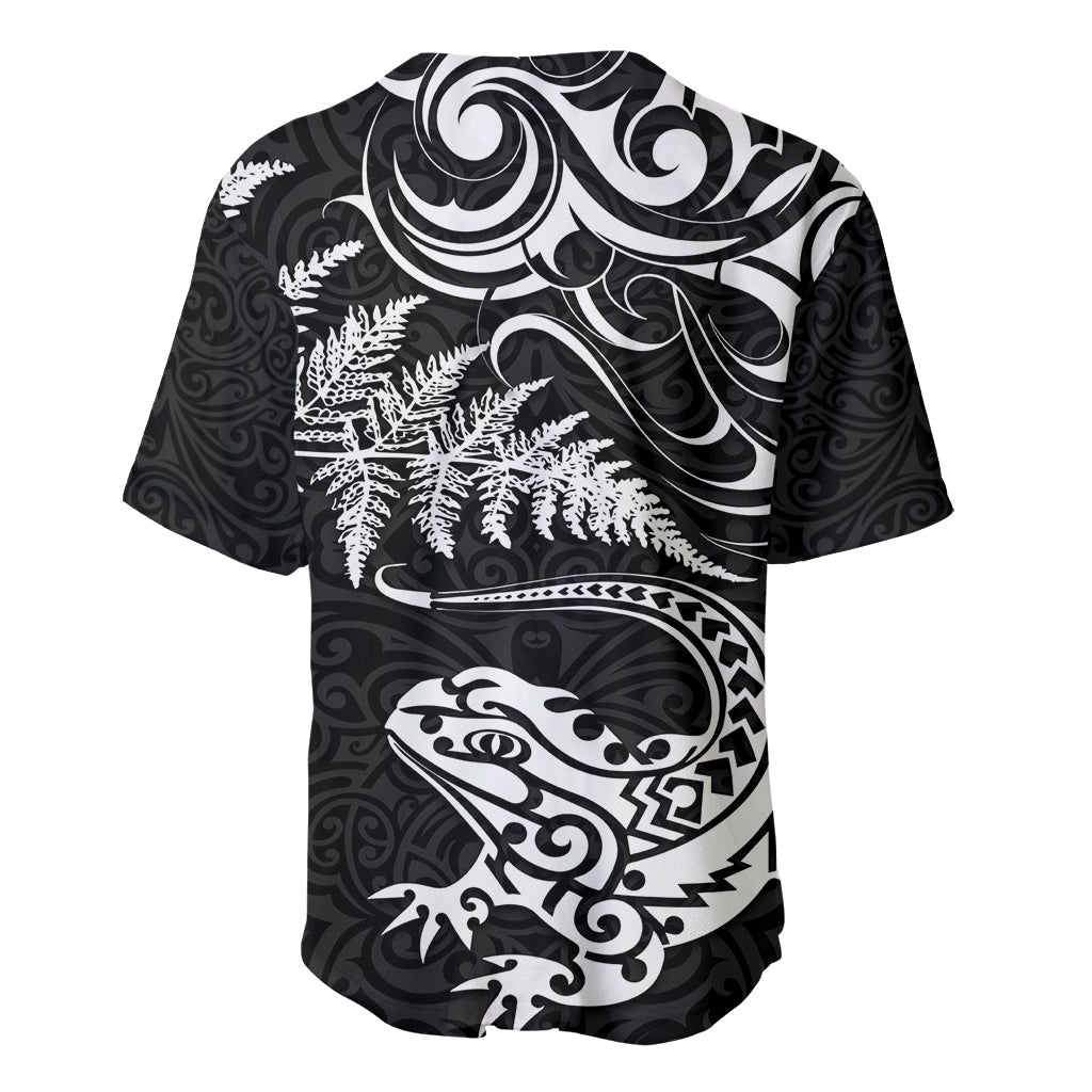 New Zealand Tuatara Tribal Tattoo Baseball Jersey Silver Fern and Maori Pattern Black Color