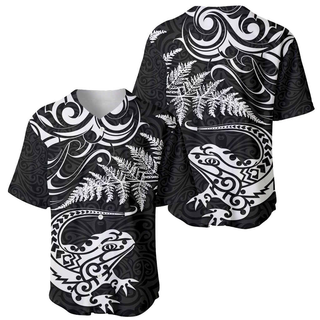 New Zealand Tuatara Tribal Tattoo Baseball Jersey Silver Fern and Maori Pattern Black Color